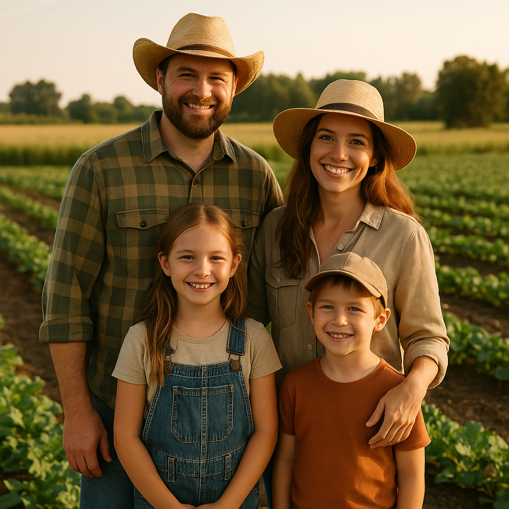 Family standing together on their farm